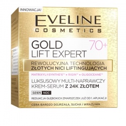 Eveline Gold Lift Expert 70+, luksusowy multi-naprawczy krem-serum z 24K złotem, 50 ml