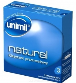 Unimil Natural, prezerwatywy nawilżane olejkiem silikonowym, ze zbiorniczkiem, 3 szt